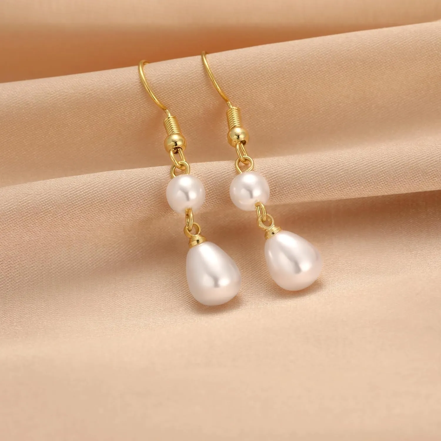 Gold Pearl Dangle Earrings for Women, 14K Gold Plated Small Pearl Drop Huggie Hoop Earrings, Hypoallergenic Dainty Gold Earrings Wedding Jewelry Gifts for Women Trendy