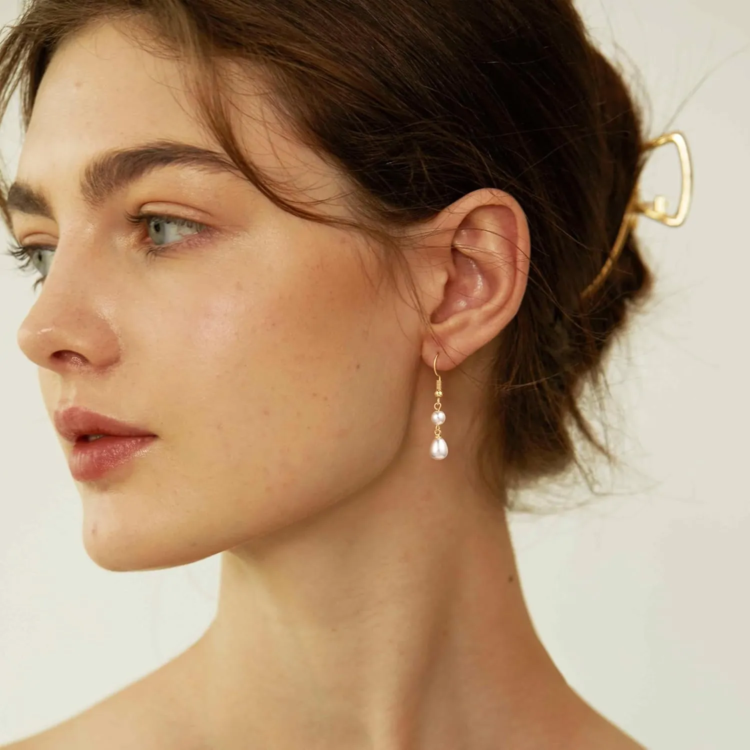 Gold Pearl Dangle Earrings for Women, 14K Gold Plated Small Pearl Drop Huggie Hoop Earrings, Hypoallergenic Dainty Gold Earrings Wedding Jewelry Gifts for Women Trendy