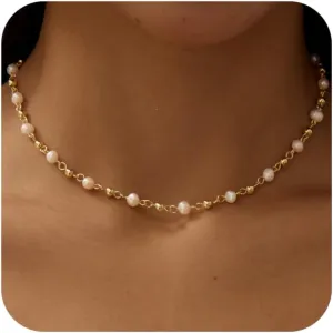 Gold Pearl Necklaces for Women, 14K Natural Freshwater Dainty Pearl Choker Necklaces for Women, Elegant Jewelry for Mom, Wife - Valentine's Day, Anniversary, Wedding Gift