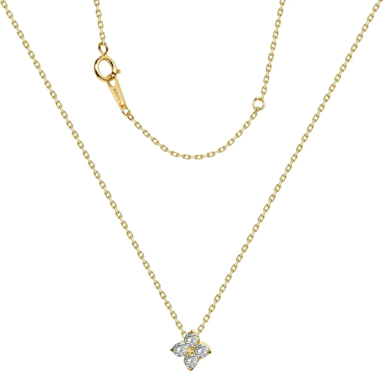 Gold Plated Four Necklace CZ Leaf Pendant Necklace for Women Lucky Four Flower Pendant Necklace S925 Sterling Silver Dainty Simple Chain Leaf Choker Birthday Jewelry for Mom Daughter Graduation Gifts