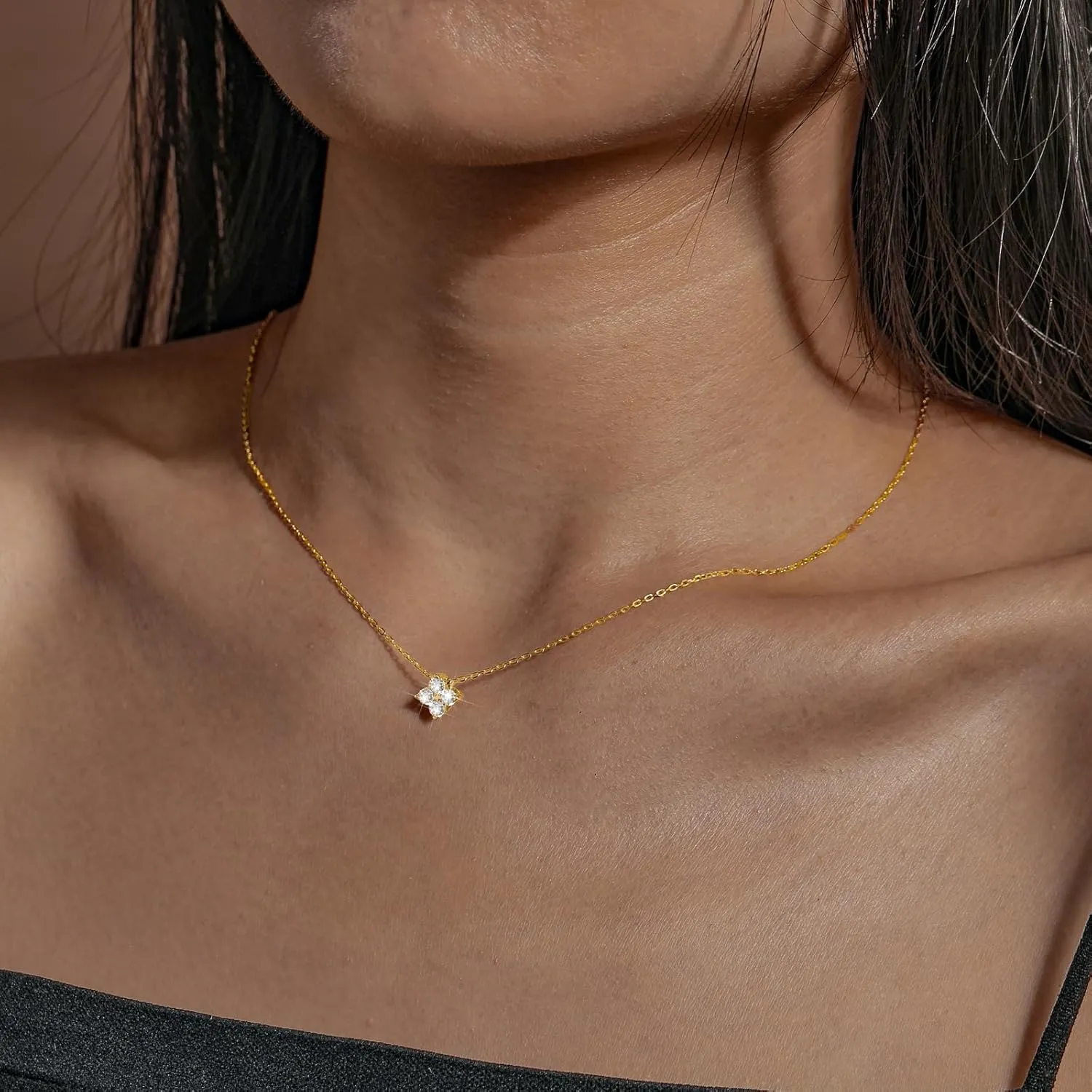 Gold Plated Four Necklace CZ Leaf Pendant Necklace for Women Lucky Four Flower Pendant Necklace S925 Sterling Silver Dainty Simple Chain Leaf Choker Birthday Jewelry for Mom Daughter Graduation Gifts