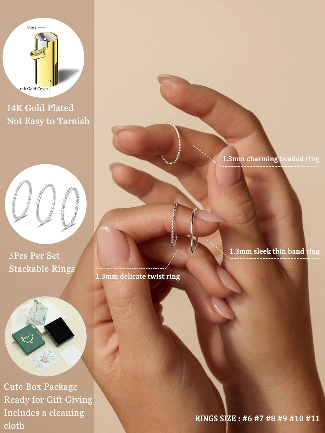 Gold Silver Rings for Women Non Tarnish Stackable 1.3mm Thin Gold Ring 14K Gold Plated Dainty Ring Set Trendy Thumb Pinky Ring Wedding Bands Promise Engagement Gold Jewelry Gifts Size 6-11