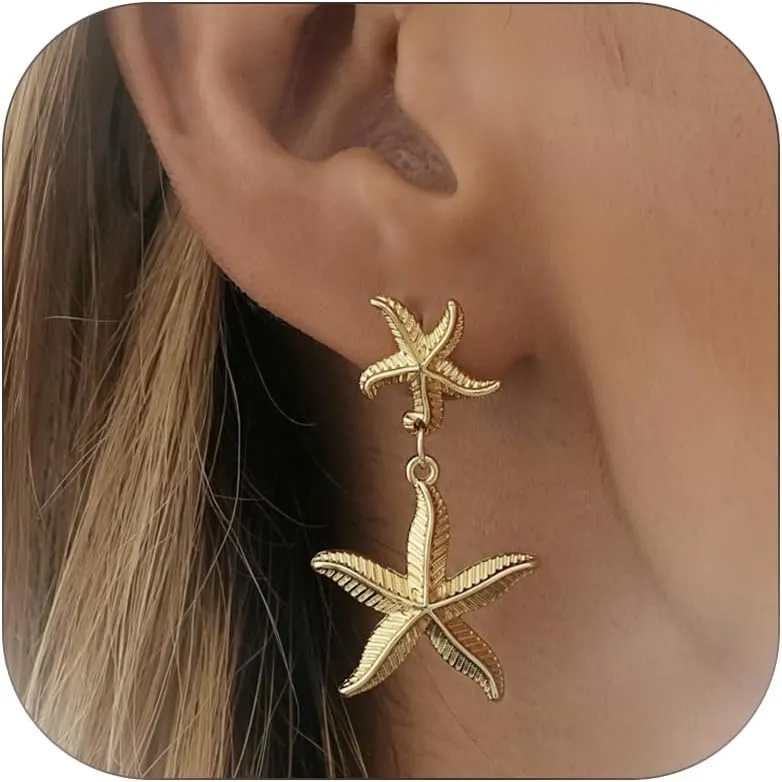 Gold Starfish Earrings for Women Dainty Pearl Stud Earrings Boho Starfish Earrings Dangle Ocean Jewelry Beachy Summer Earrings Gift
