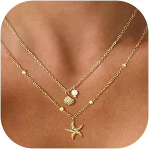 Gold Starfish Necklace for Women Layered Sea Shell Beach Necklaces Starfish Pendant Beachy Ocean Necklace Statement Cowrie Seashell Summer Necklaces for Vacation Jewelry Gifts Trendy Stuff
