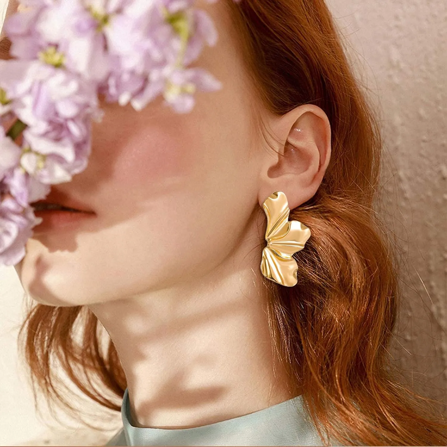 Gold Statement Earrings 14K Gold Large Dangle Earrings for Women Silver Floral Earrings Exaggerated Metal Sectored Geometric Earrings Statement Jewelry for Women