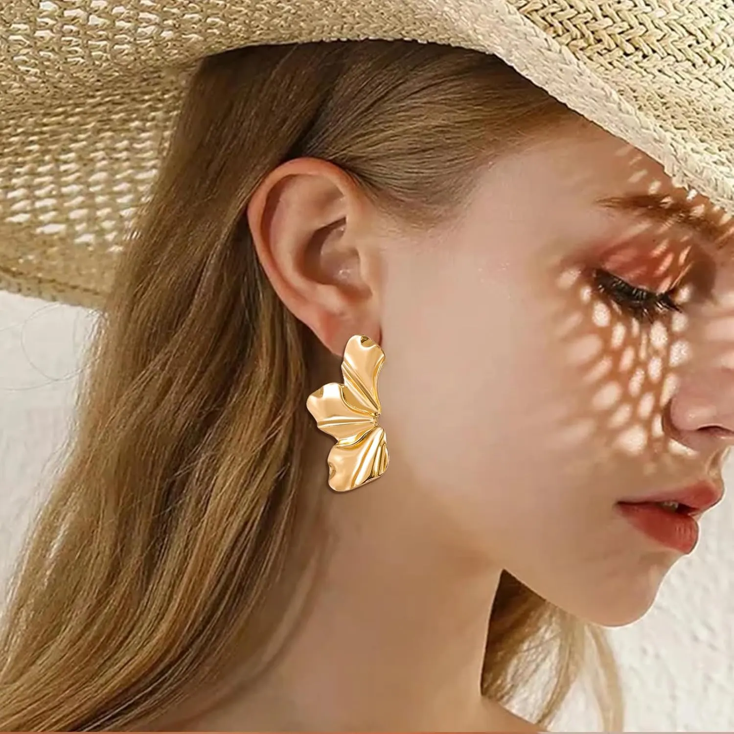 Gold Statement Earrings 14K Gold Large Dangle Earrings for Women Silver Floral Earrings Exaggerated Metal Sectored Geometric Earrings Statement Jewelry for Women