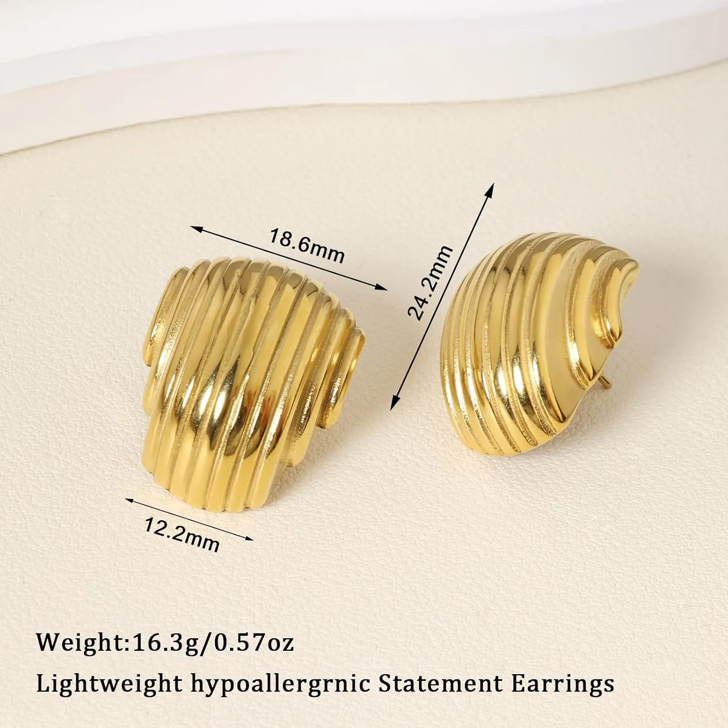 Gold Statement Earrings for Women Trendy, Chunky Gold Earrings Big Shell Wings Textured Dome Earrings Drop Earrings Hypoallergenic Earrings Lightweight Dainty Vintage Jewelry Gift