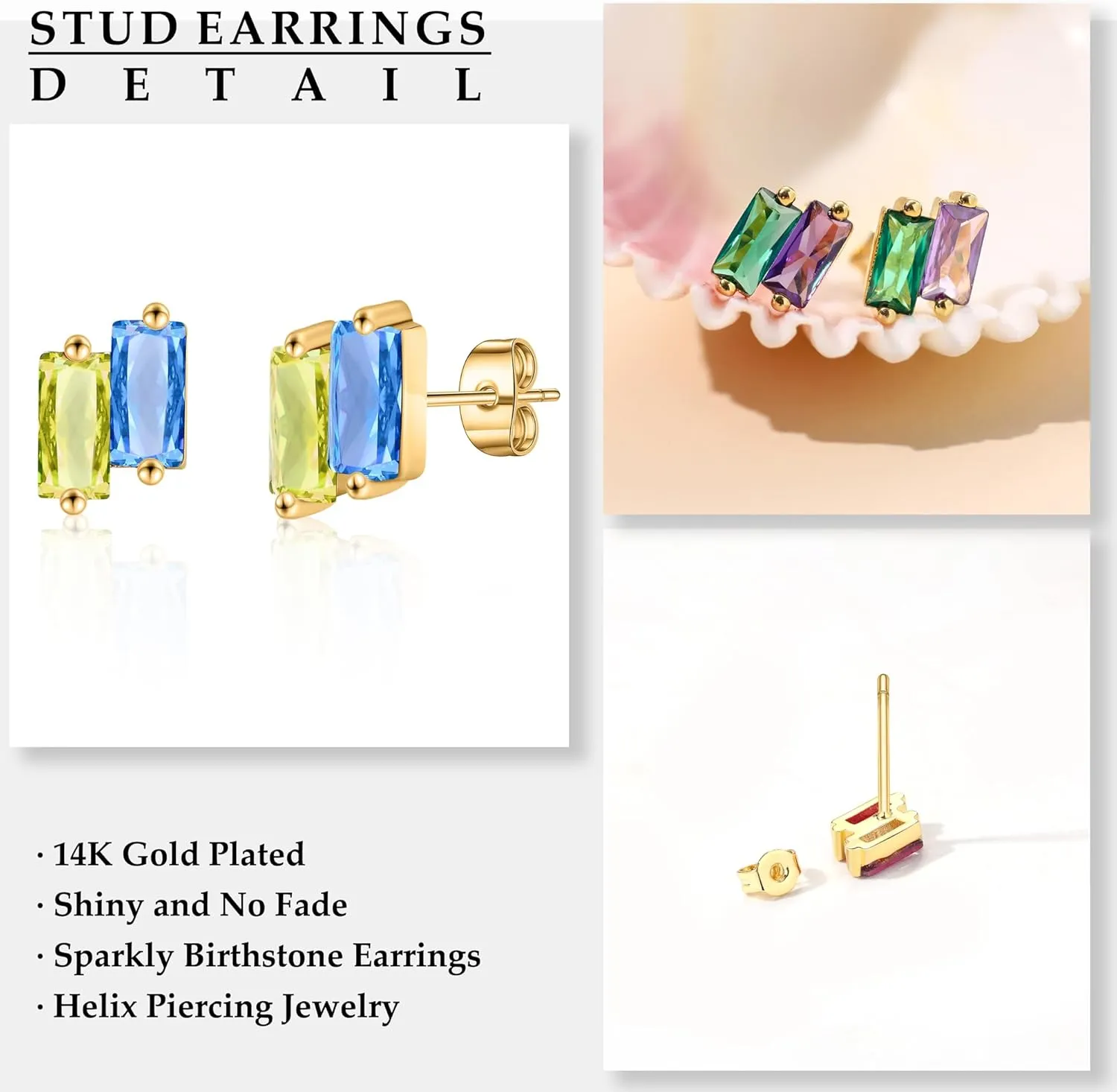Gold Studs Earrings for Women Teen Gifts 2 Birthstone Earrings 14K Gold Plated Earring Studs Helix Piercing Jewelry Anniversary Mothers Day Birthday Gift Ideas