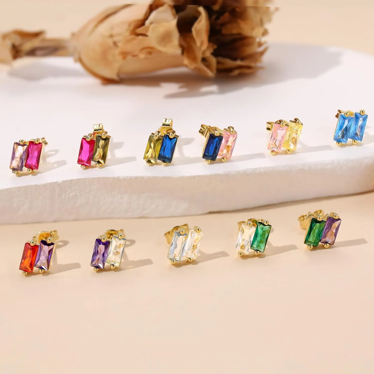 Gold Studs Earrings for Women Teen Gifts 2 Birthstone Earrings 14K Gold Plated Earring Studs Helix Piercing Jewelry Anniversary Mothers Day Birthday Gift Ideas