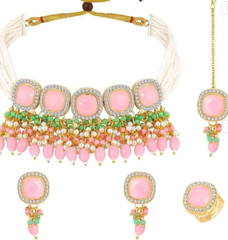 Gorgeous Gold-Plated Necklace and Maang Tikka Set, Radiant Pink, White, and Green Stones, Delicate Beaded Accents, Wedding Events Jewellery Set Women's Accessories