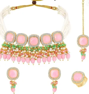 Gorgeous Gold-Plated Necklace and Maang Tikka Set, Radiant Pink, White, and Green Stones, Delicate Beaded Accents, Wedding Events Jewellery Set Women's Accessories
