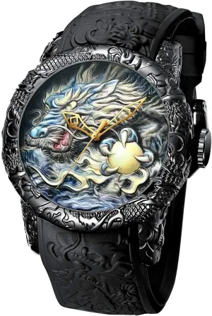 Gosasa Big Dial Fashion Watches Men's 3D Engraved Dragon Quartz Watches Casual Sports Waterproof Watch Man Luxury Exquisite Creative Watch