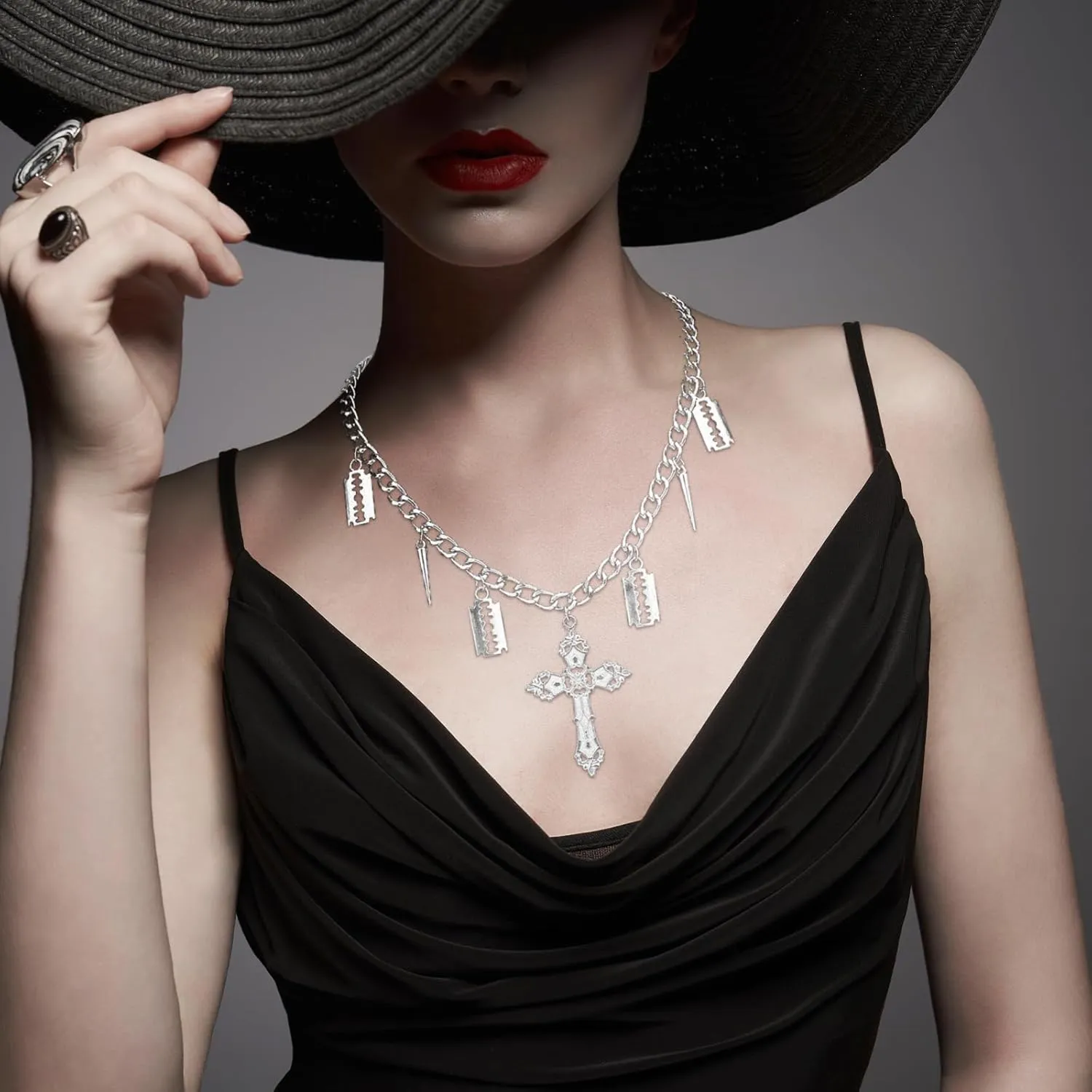 Goth Cross Necklace for Women Men Layered Bat Cross Blade Bird's Head Spider Charm Necklaces Punk Rock Pendant Necklace Halloween Gothic Jewelry