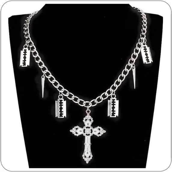 Goth Cross Necklace for Women Men Layered Bat Cross Blade Bird's Head Spider Charm Necklaces Punk Rock Pendant Necklace Halloween Gothic Jewelry