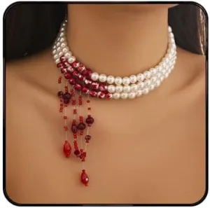 Gothic Blood Pearl Choker Necklace for Women Vintage Bleeding Rose Flower Necklace Adjustable Dripping Bloody Layered Pearls Necklaces Goth Vampire Blood Drip Necklaces Halloween Birthday Party Jewelry