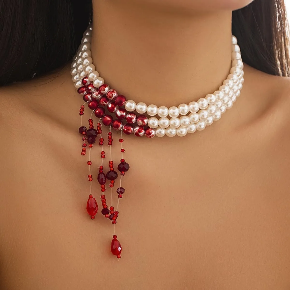 Gothic Blood Pearl Choker Necklace for Women Vintage Bleeding Rose Flower Necklace Adjustable Dripping Bloody Layered Pearls Necklaces Goth Vampire Blood Drip Necklaces Halloween Birthday Party Jewelry