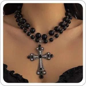 Gothic Cross Necklace for Women Chunky Black Bead Necklaces Layered Big Cross Rosary Necklace Halloween Goth Accessorie Jewelry