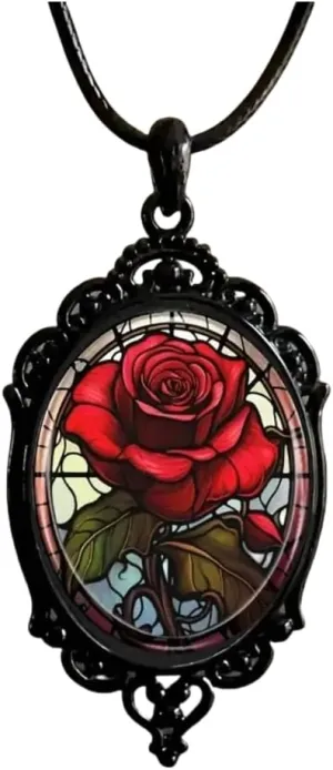 Gothic Rose Glass Necklace for Women Vintage Satan Demon Pendant Halloween Roses Necklaces Dark Punk Style Necklace Victoria Emboss Necklaces Mystic Witch Jewelry Gift Accessories