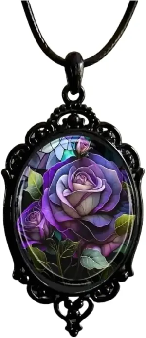 Gothic Rose Glass Necklace for Women Vintage Satan Demon Pendant Halloween Roses Necklaces Dark Punk Style Necklace Victoria Emboss Necklaces Mystic Witch Jewelry Gift Accessories