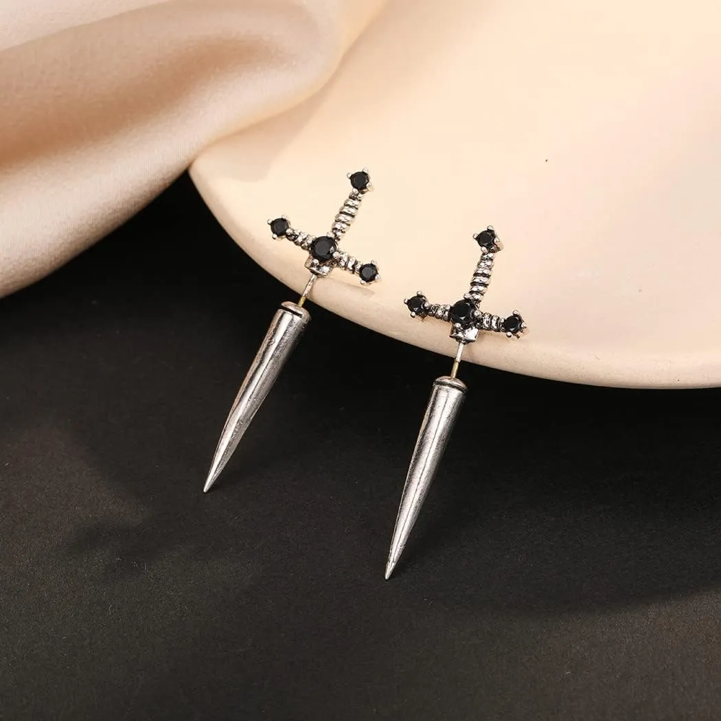Gothic Sword Earrings Rhinestone Dagger Earrings Black Retro Sword Screw Earrings Cubic Zirconia Punk Sword Earrings Front Back Stud Earrings for Women