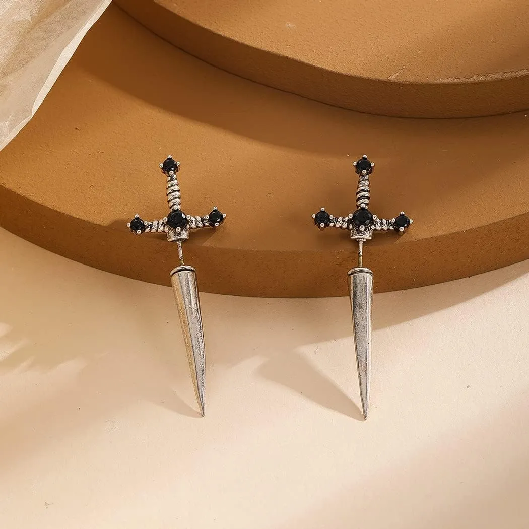 Gothic Sword Earrings Rhinestone Dagger Earrings Black Retro Sword Screw Earrings Cubic Zirconia Punk Sword Earrings Front Back Stud Earrings for Women