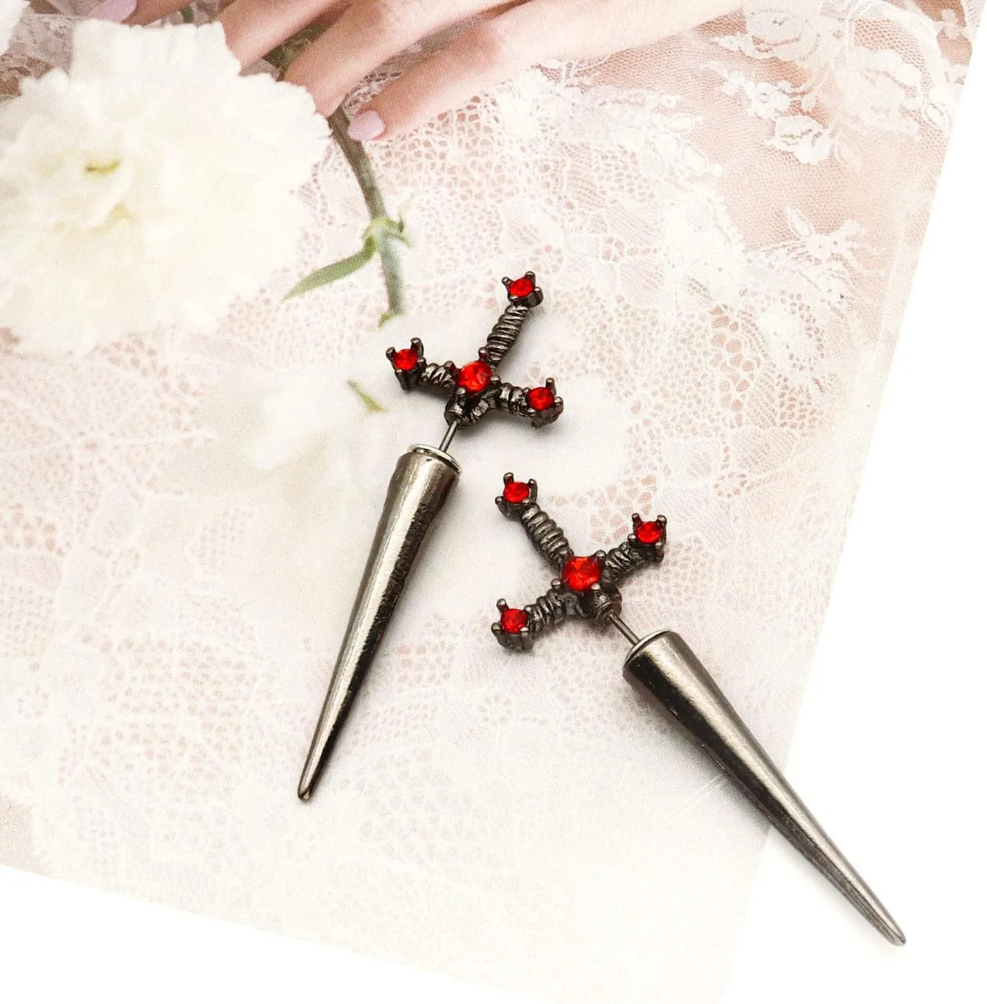 Gothic Sword Earrings Rhinestone Dagger Earrings Black Retro Sword Screw Earrings Cubic Zirconia Punk Sword Earrings Front Back Stud Earrings for Women