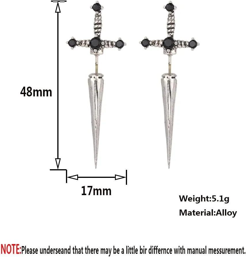 Gothic Sword Earrings Rhinestone Dagger Earrings Black Retro Sword Screw Earrings Cubic Zirconia Punk Sword Earrings Front Back Stud Earrings for Women