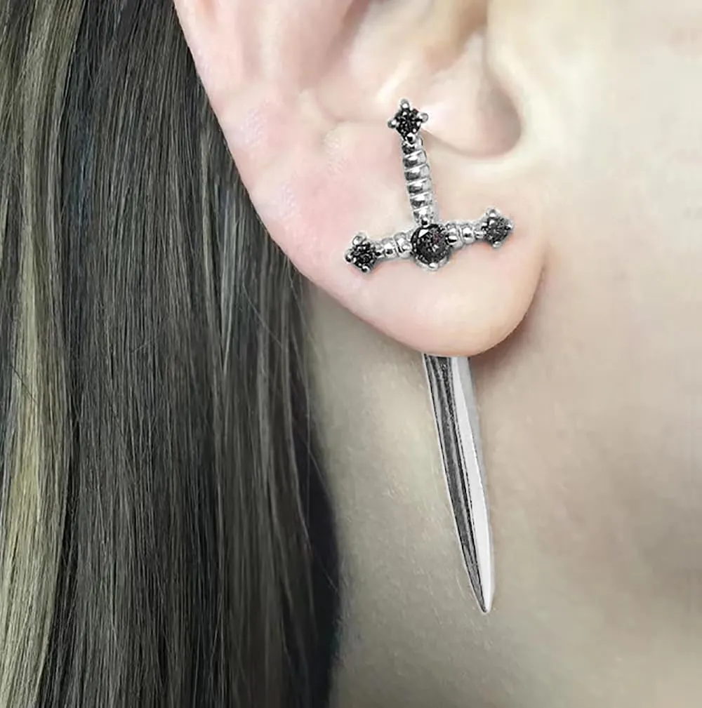 Gothic Sword Earrings Rhinestone Dagger Earrings Black Retro Sword Screw Earrings Cubic Zirconia Punk Sword Earrings Front Back Stud Earrings for Women