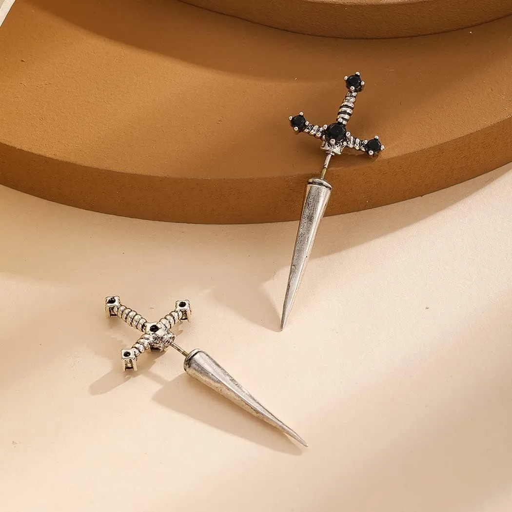 Gothic Sword Earrings Rhinestone Dagger Earrings Black Retro Sword Screw Earrings Cubic Zirconia Punk Sword Earrings Front Back Stud Earrings for Women