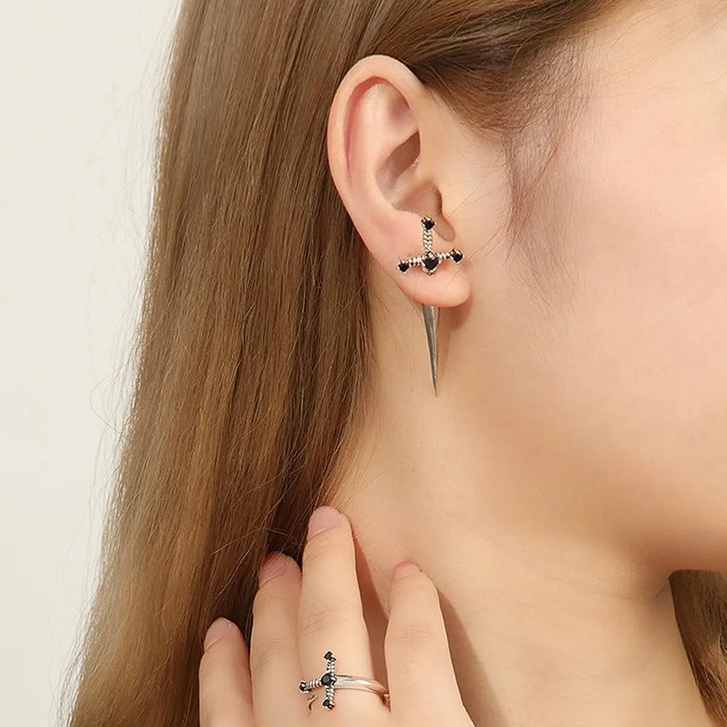 Gothic Sword Earrings Rhinestone Dagger Earrings Black Retro Sword Screw Earrings Cubic Zirconia Punk Sword Earrings Front Back Stud Earrings for Women