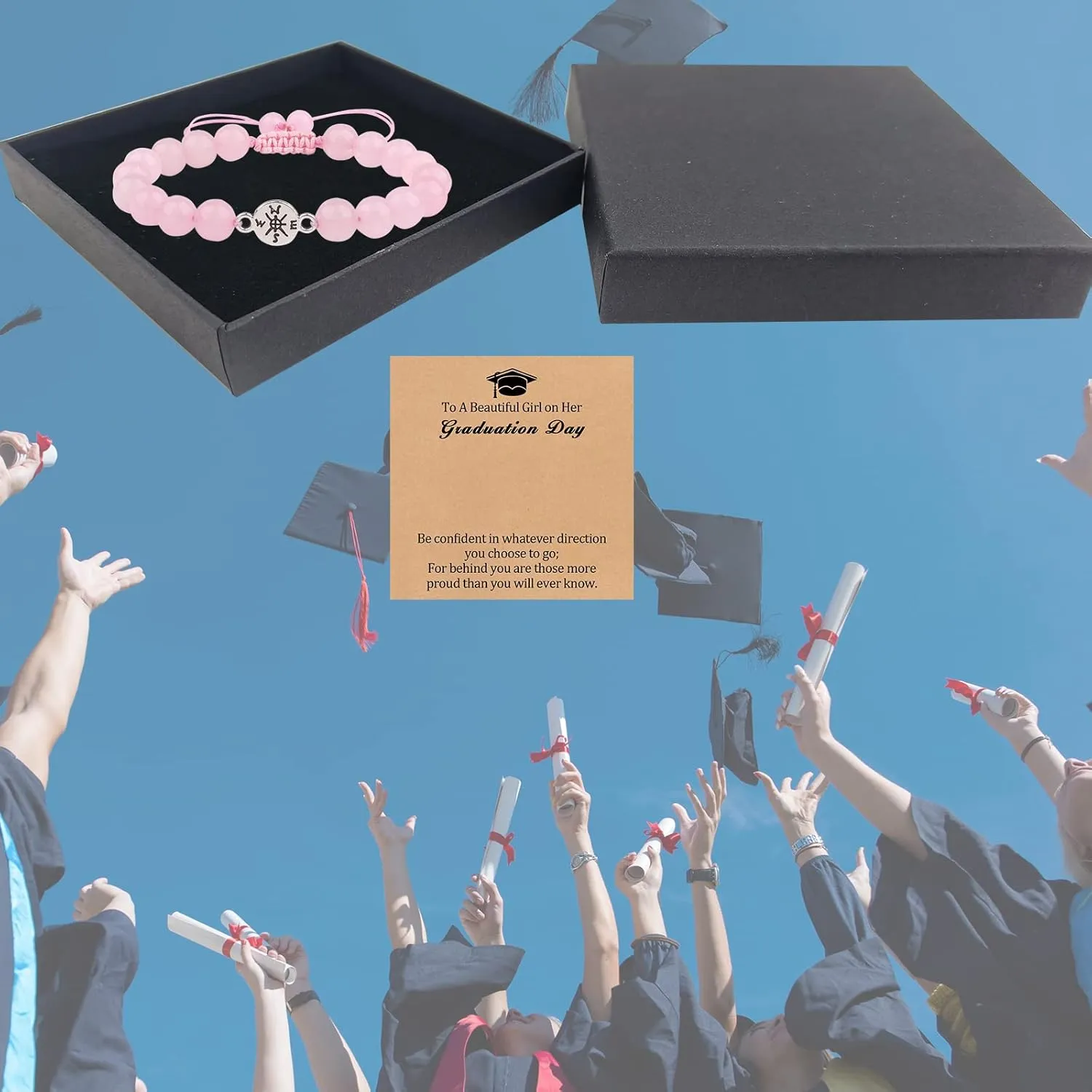 Graduation Bracelet Graduation Gifts Compass Bracelets for Women Mens Boy Girls 8mm Natural Stone Compass Bracelets (Rose Quartz)