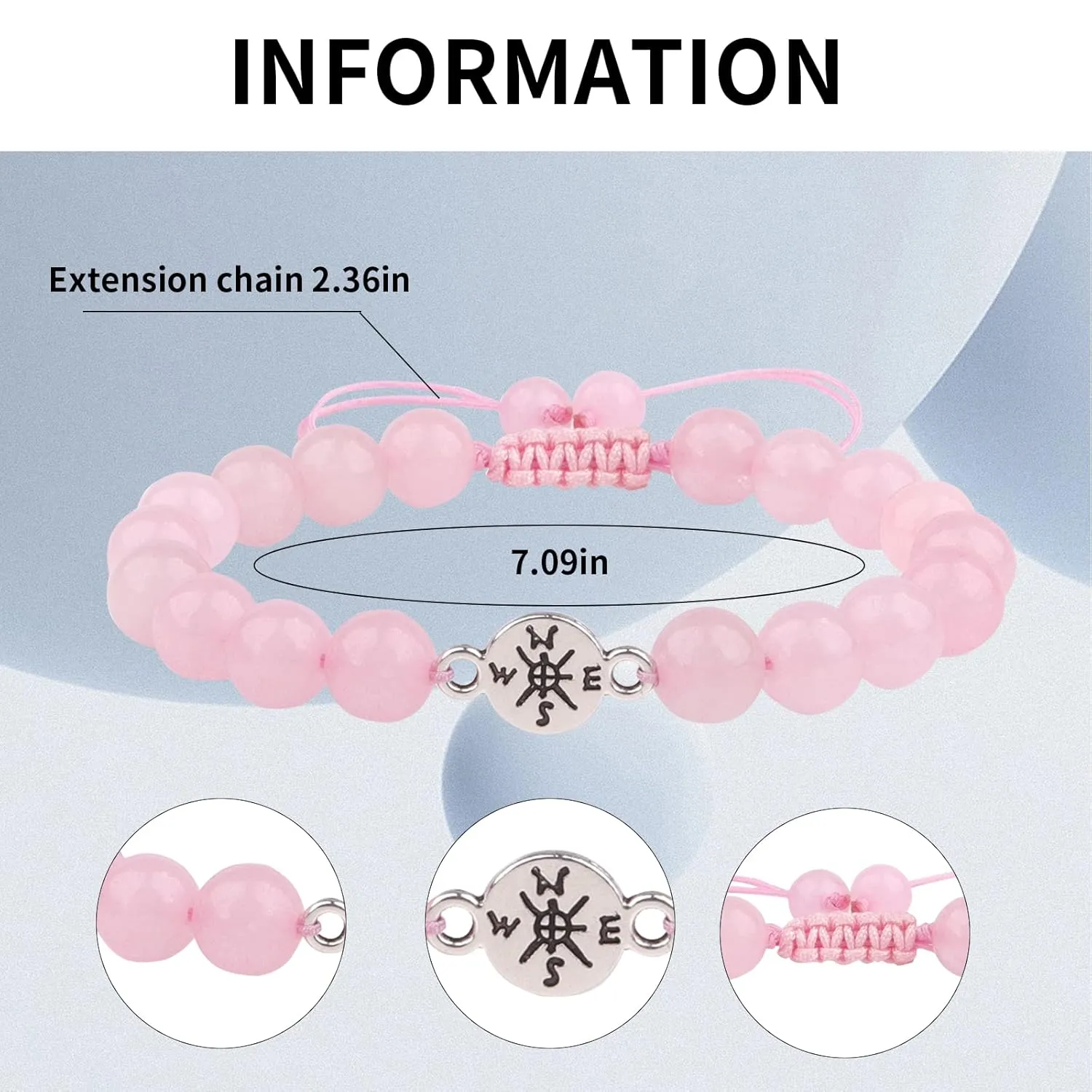 Graduation Bracelet Graduation Gifts Compass Bracelets for Women Mens Boy Girls 8mm Natural Stone Compass Bracelets (Rose Quartz)