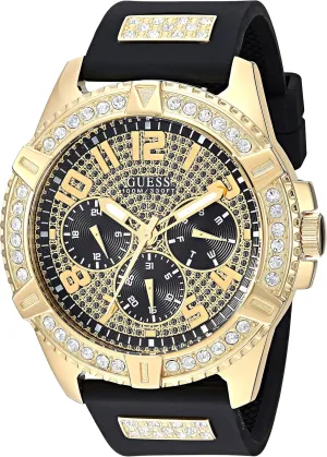 GUESS Comfortable Gold-Tone Black Stain Resistant Silicone Watch with Crystal Embellished Day, Date   24 Hour Military/Int'l Time. Color: Black (Model: U1132G1)