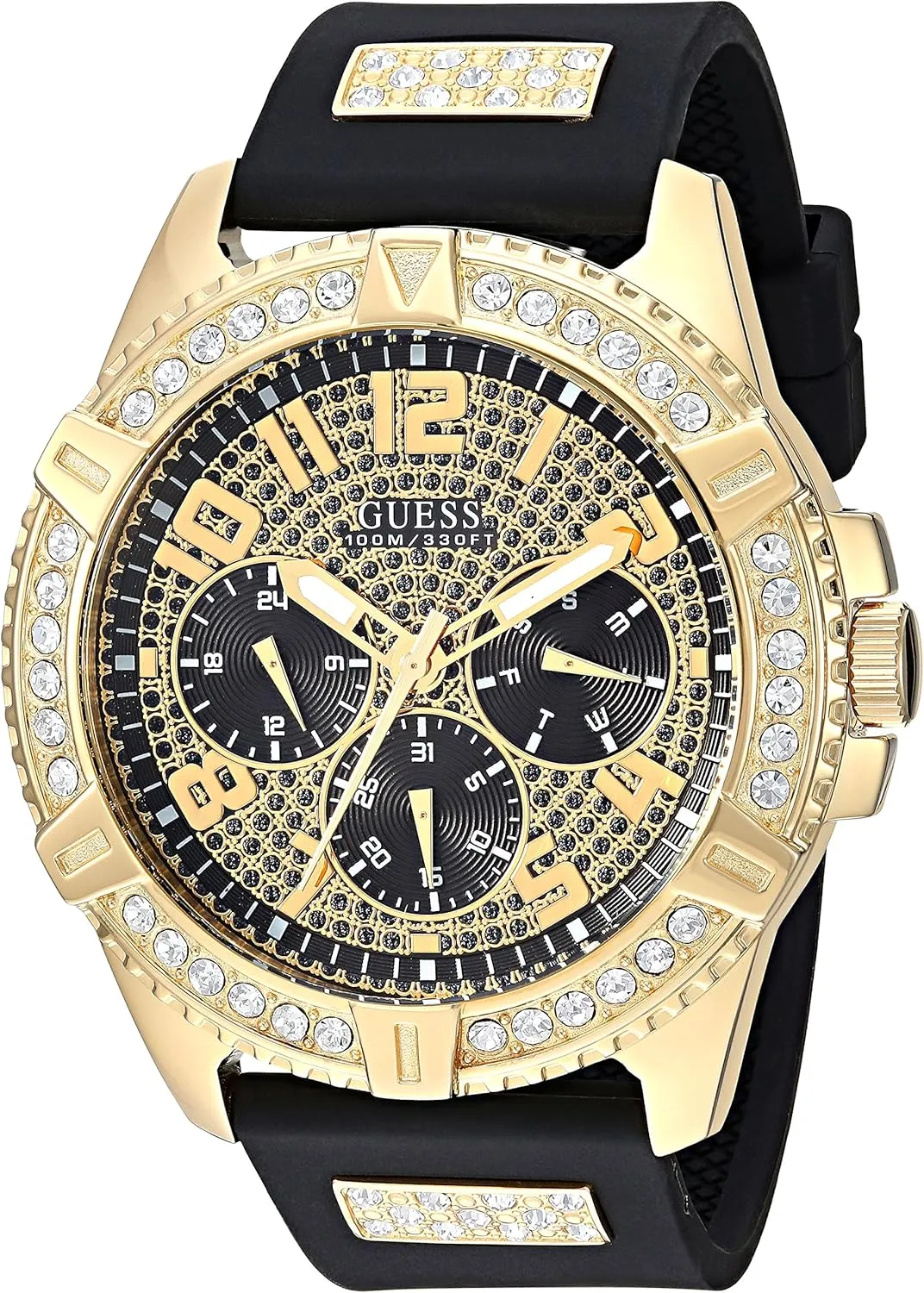 GUESS Comfortable Gold-Tone Black Stain Resistant Silicone Watch with Crystal Embellished Day, Date   24 Hour Military/Int'l Time. Color: Black (Model: U1132G1)