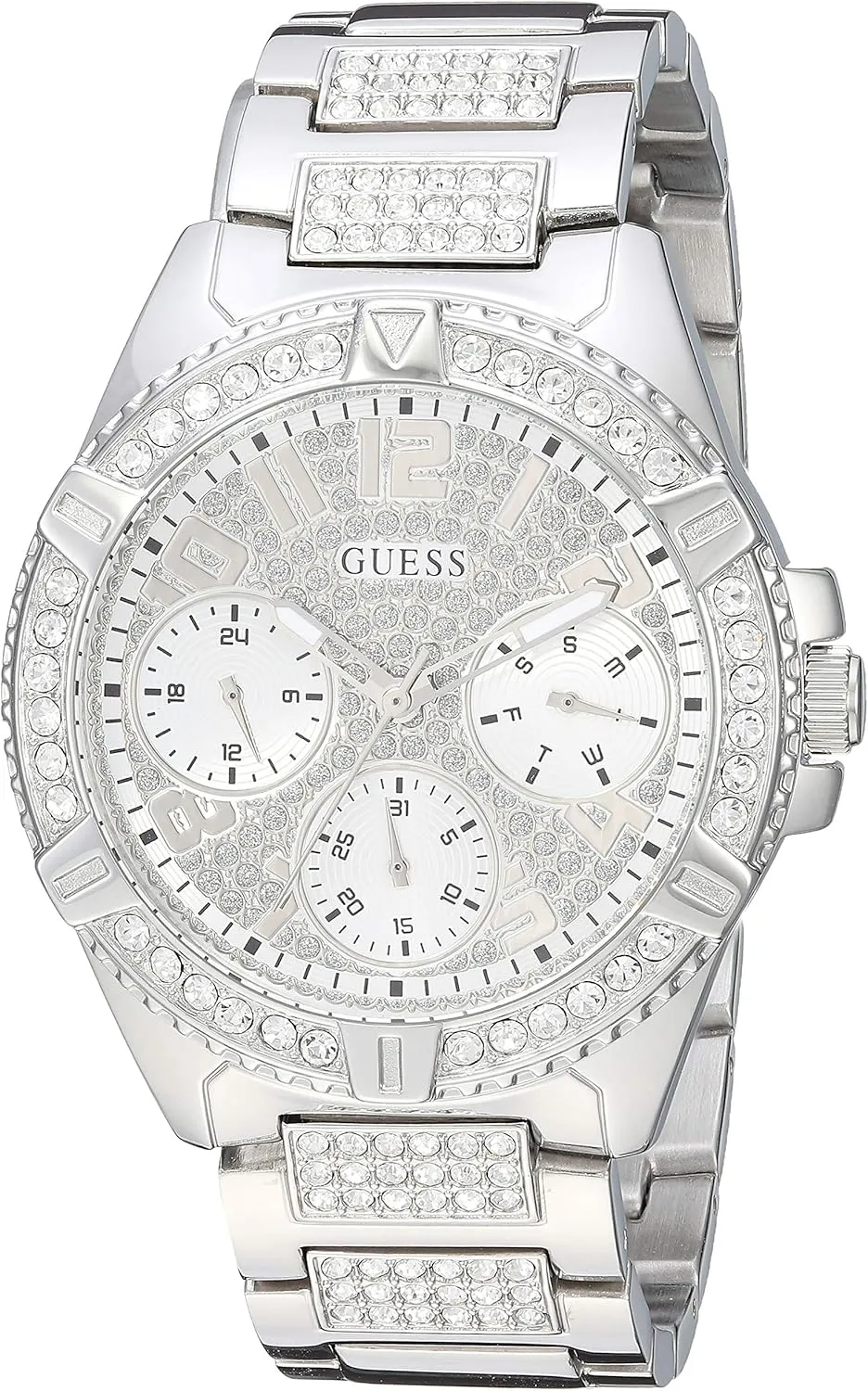 GUESS Stainless Steel Crystal Watch with Day, Date   24 Hour Military/Int'l Time. Color: Gold-Tone (Model: U1156L1)
