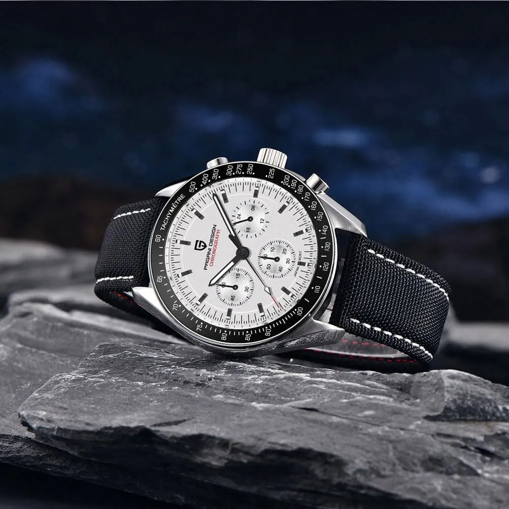 HaiQin Pagani Design 1701 Men's Chronograph Watch White Dial Japanese VK63 Quartz Movement Stainless Steel Strap 100m Waterproof Sports Wristwatch Date