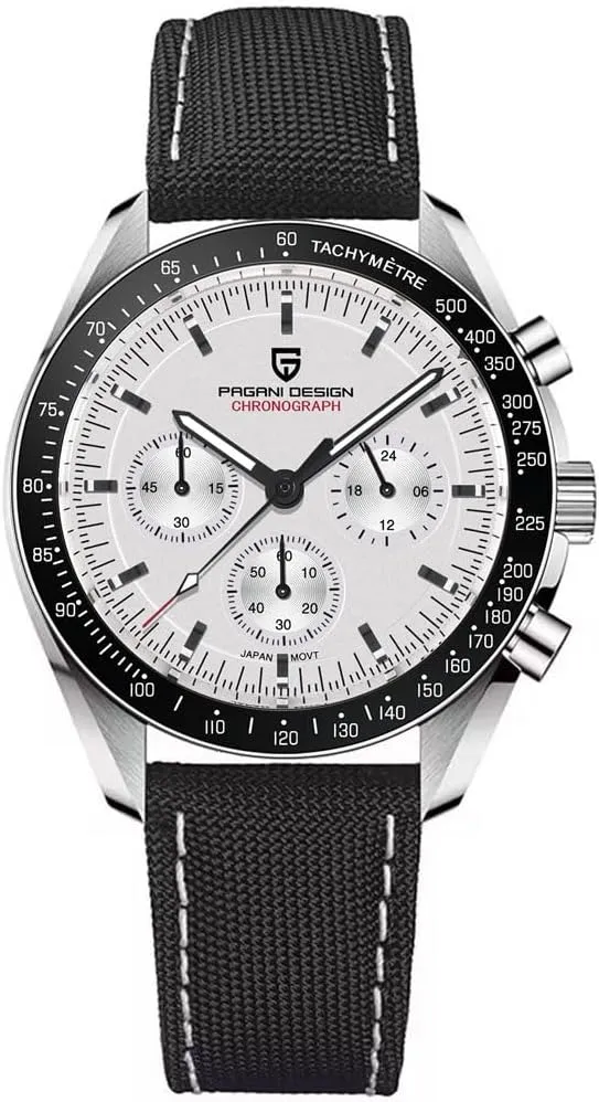 HaiQin Pagani Design 1701 Men's Chronograph Watch White Dial Japanese VK63 Quartz Movement Stainless Steel Strap 100m Waterproof Sports Wristwatch Date