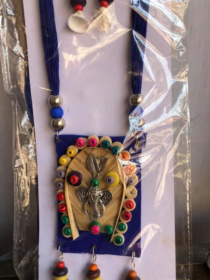 Handmade Ganesha Necklace and Earring Set In Blue