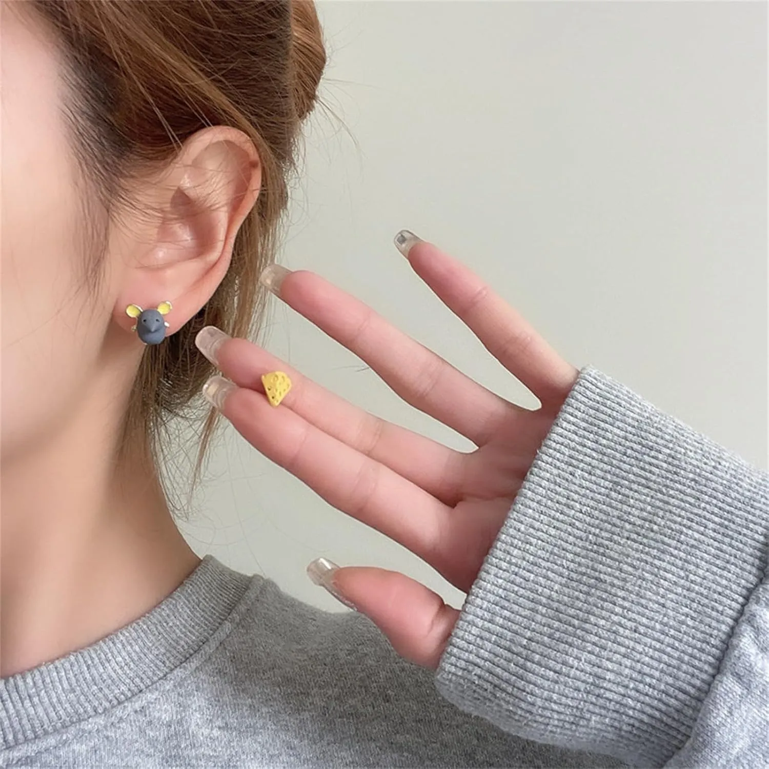 Handmade Mouse Cheese Small Stud Earrings for Women Asymmetric Mismatch Cute Cartoon Rat Animal Triangle Foodie Enamel Earrings for Birthday Christmas Party Fashion Jewelry Gifts
