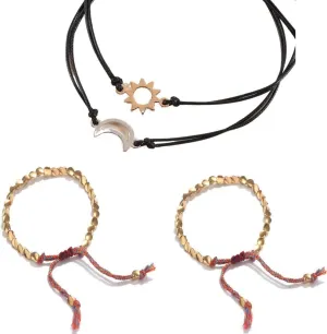 Handmade Tibetan Buddhist Braided Cotton Copper Beads Sun Moon Couple Bracelets For Women Men Thread Bracelets, 4Pcs