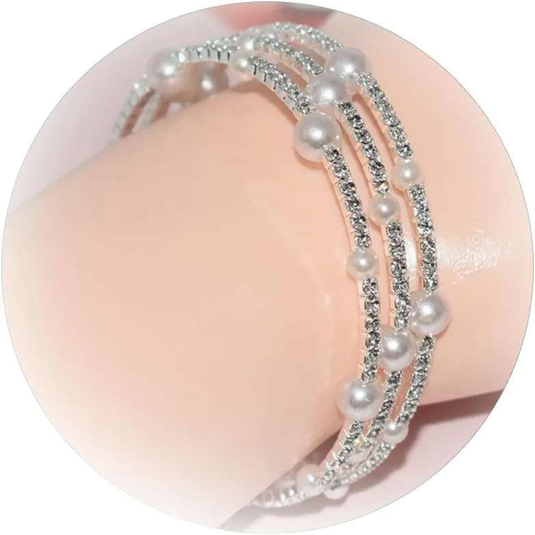 Harry and Henry 3 Layered Pearl Bracelets for Women Sparkling Rhinestone Bracelets Gold Silver Wedding Bracelet Prom Jewelry Christmas Gifts