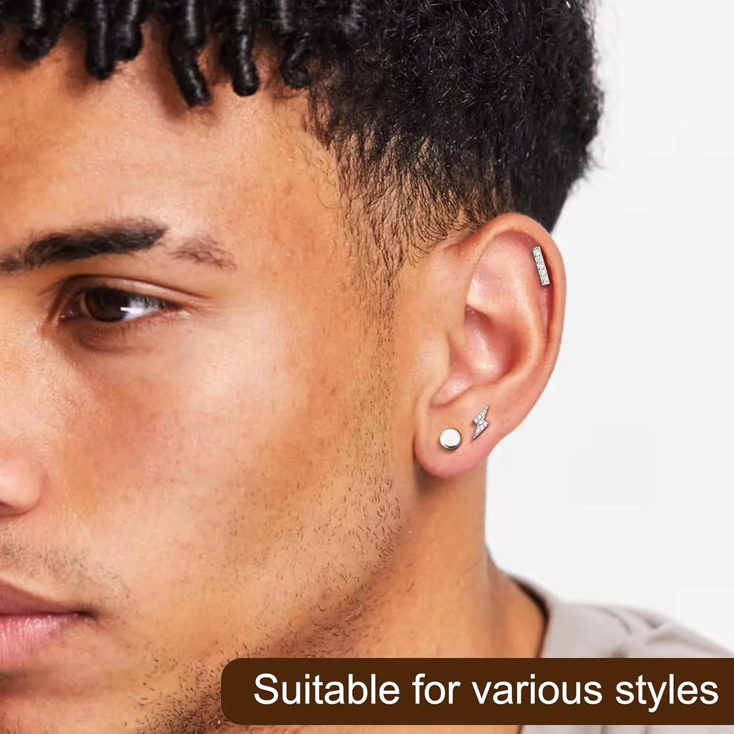 Hayoso 6 Pairs Sterling Silver Stud Earrings Hypoallergenic Earrings Stud Bar Circle CZ Stud Earrings Lightning Bolt Earrings Tiny Stud Earrings Set White Gold Plated Cartilage Earrings Studs for Women