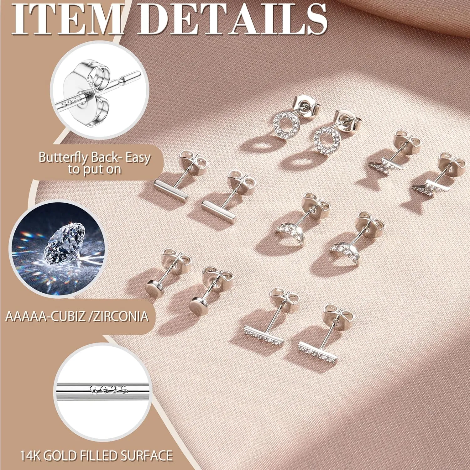 Hayoso 6 Pairs Sterling Silver Stud Earrings Hypoallergenic Earrings Stud Bar Circle CZ Stud Earrings Lightning Bolt Earrings Tiny Stud Earrings Set White Gold Plated Cartilage Earrings Studs for Women