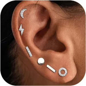 Hayoso 6 Pairs Sterling Silver Stud Earrings Hypoallergenic Earrings Stud Bar Circle CZ Stud Earrings Lightning Bolt Earrings Tiny Stud Earrings Set White Gold Plated Cartilage Earrings Studs for Women