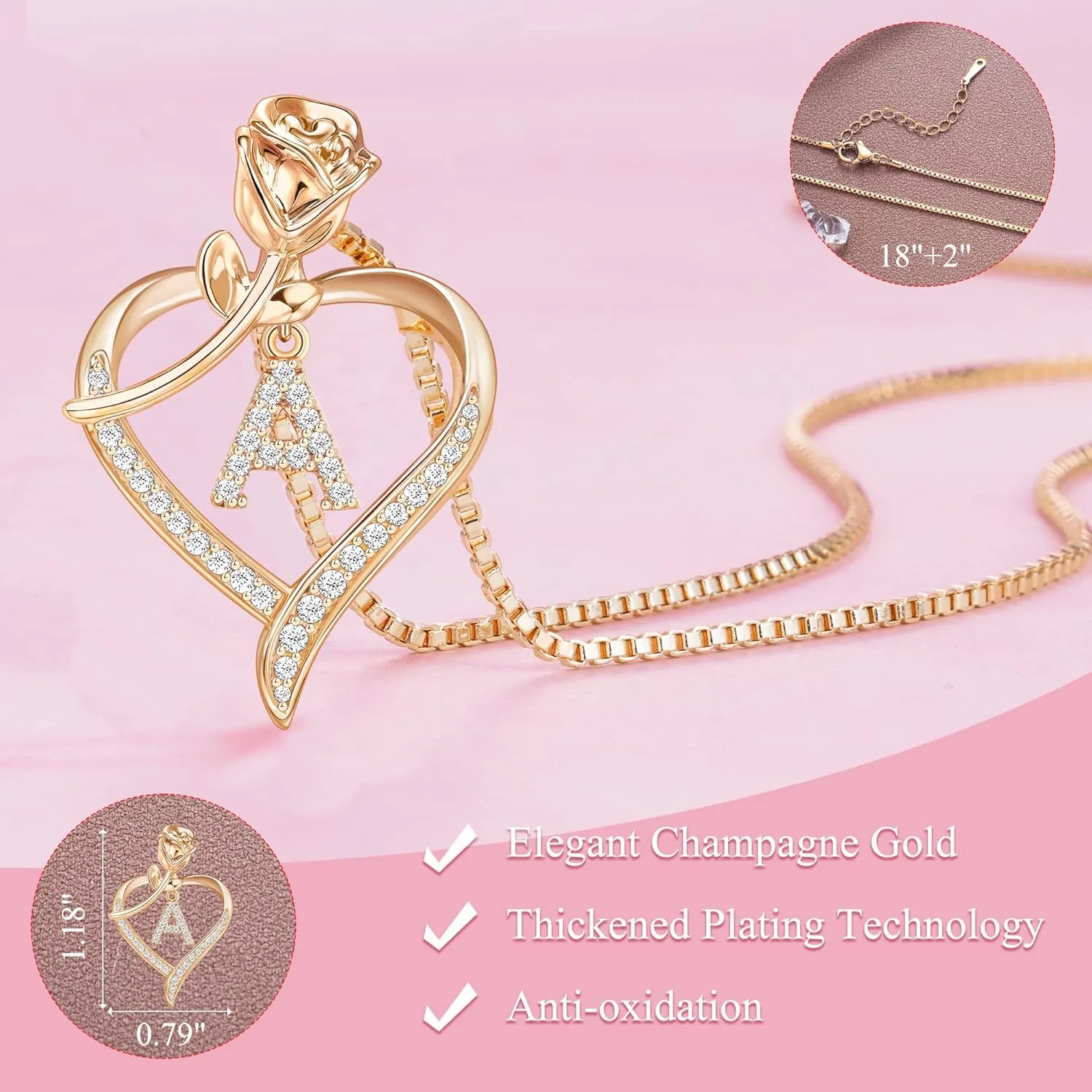 Heart Necklaces for Women Gold Heart Pendant Initial Necklaces for Women Dainty Cubic Zirconia A-Z Letter Rose Heart Necklace Jewerly Birthday Gifts for Wife