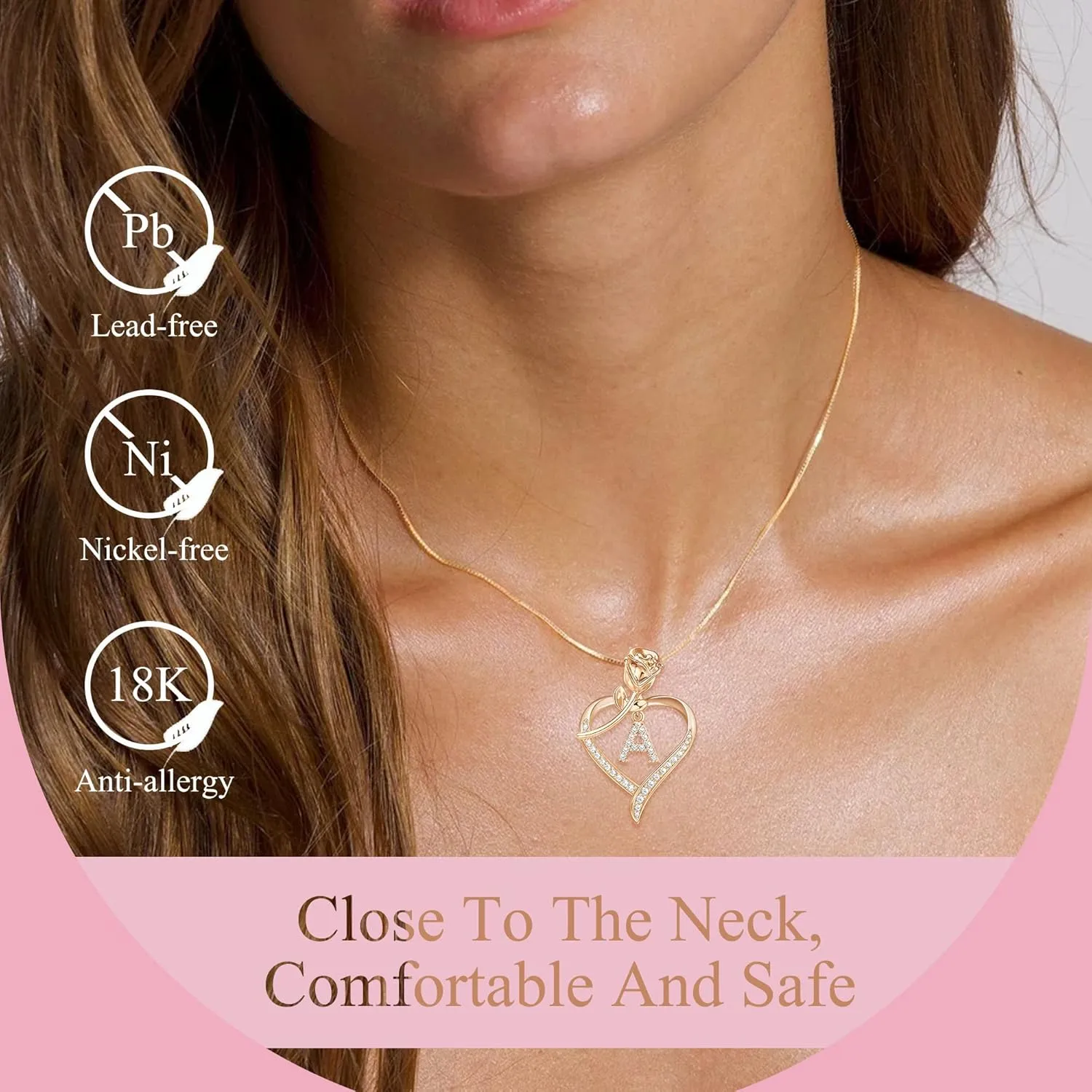 Heart Necklaces for Women Gold Heart Pendant Initial Necklaces for Women Dainty Cubic Zirconia A-Z Letter Rose Heart Necklace Jewerly Birthday Gifts for Wife