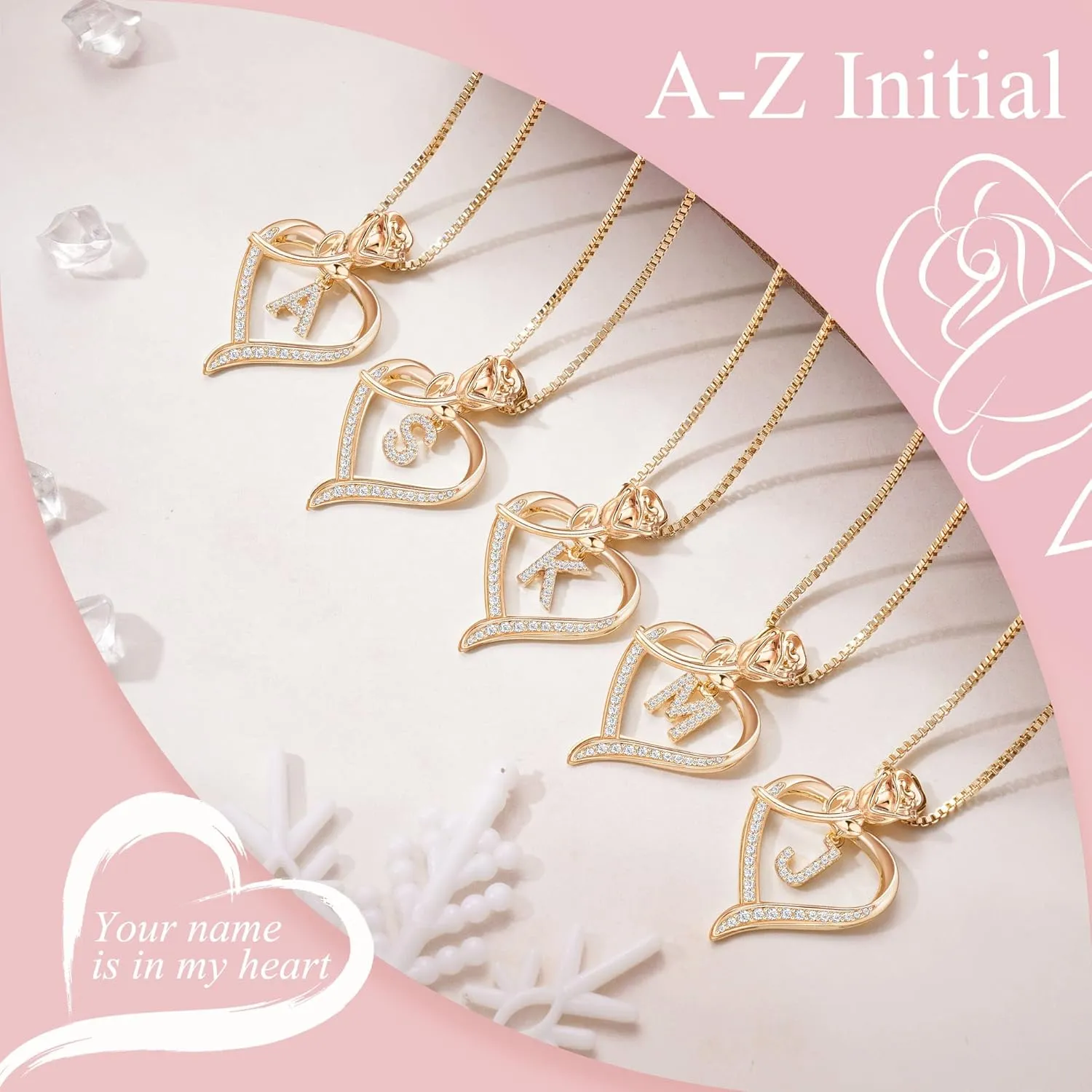 Heart Necklaces for Women Gold Heart Pendant Initial Necklaces for Women Dainty Cubic Zirconia A-Z Letter Rose Heart Necklace Jewerly Birthday Gifts for Wife