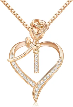 Heart Necklaces for Women Gold Heart Pendant Initial Necklaces for Women Dainty Cubic Zirconia A-Z Letter Rose Heart Necklace Jewerly Birthday Gifts for Wife
