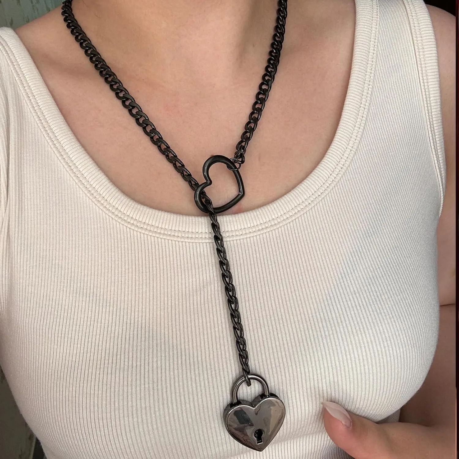 Heart O Ring Slip Chain Choker Necklace for Women Men Stainless Steel Cuban Chain Y-shape Necklaces Punk Rock Collar Adjustable Lariat Y Necklace Prom Necklaces Jewelry