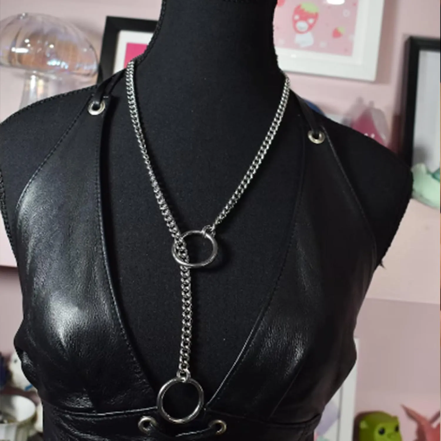 Heart O Ring Slip Chain Choker Necklace for Women Men Stainless Steel Cuban Chain Y-shape Necklaces Punk Rock Collar Adjustable Lariat Y Necklace Prom Necklaces Jewelry